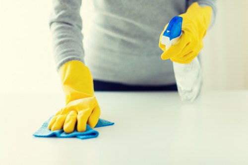 Person dusting and vacuuming a living room during regular cleaning