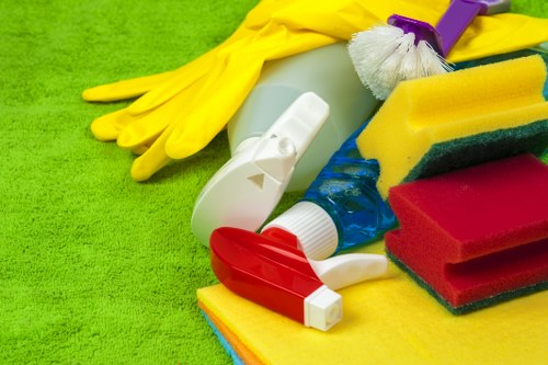 Step-by-step home deep cleaning process with organized cleaning supplies