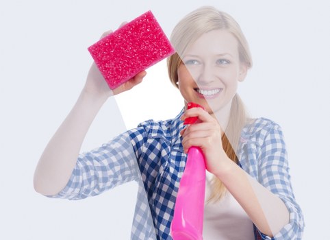 Eco-friendly office cleaning supplies in a business setting
